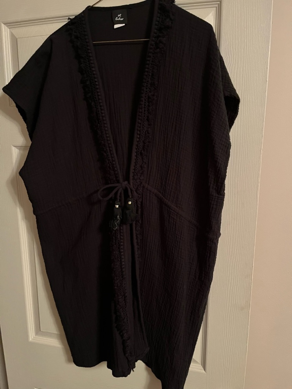 Echo Black Open-Front Textured Cardigan with Decorative Trim